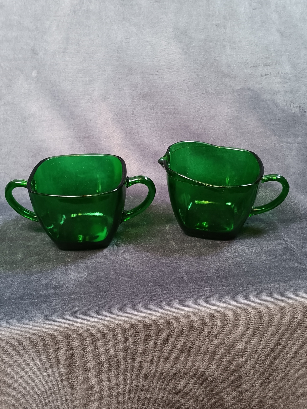 Vintage Fire King CHARM Glass Creamer and Sugar Set- Emerald Green